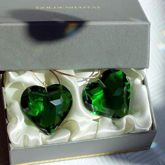 Green Heart Crystal Suncatcher, 2pc 45mm Hanging Prism for Windows, Outdoor Indoor Decoration, Rainbow Maker Gifts for Mom, Grandma, Friend by GreenHaven Gardens
