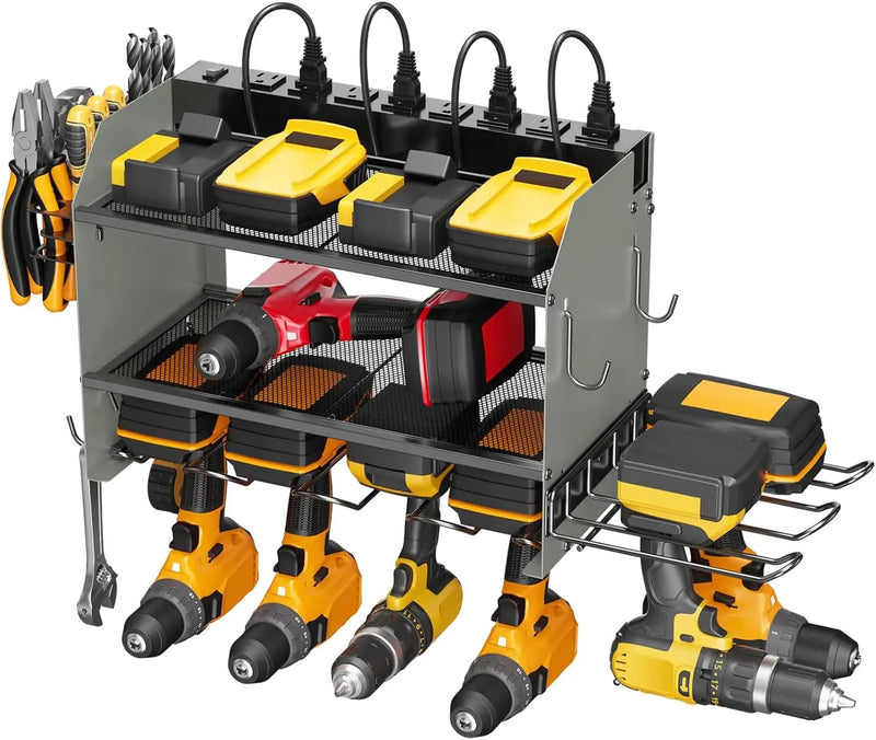 CCCEI Modular Power Tool Organizer Wall Mount Charging Station, Grey 6 Drills Holder with 8 Plug Power Strip 10FT, Garage Drill Battery Heavy Duty Metal Shelf, Utility Rack with Hooks, Side Storage. by GreenHaven Gardens