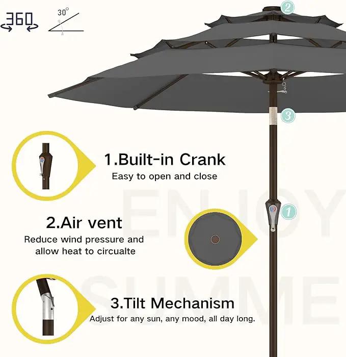 Kingdura 10ft 3-Tier Patio Umbrella, Outdoor Table Umbrella with Easy Crank & Tilt, 8 Reinforced Ribs, UV Protection for Deck, Pool, Market, Backyard (Grey) by GreenHaven Gardens