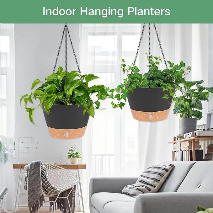 QCQHDU 2 Pack 8 inch Hanging Planters for Indoor Plants, Outdoor Hanging Baskets, Self Watering Pots with Drainage Holes & Removable Tray (Dark Grey, 8 inch) by GreenHaven Gardens