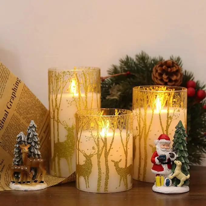 Christmas Deer Flameless Candles with Remote Timer, Glass Battery Operated Pillar Candles with Gold Elk Decor, LED Flickering Candles with 3D Wick and Real Wax for Winter Christmas Home Decor by GreenHaven Gardens