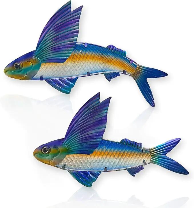 LIFFY Metal Fish Wall Decor -Outdoor Metal Fish Wall Decor - Indoor Art Sculpture - Hanging Decorations for Home, Garden, Bedroom, Sculptures, Ocean, Pool(Flying Fish Set 2,15 inch) by GreenHaven Gardens