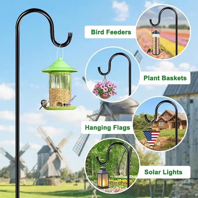 48 Inch Shepherds Hooks for Outdoor, Heavy Duty Bird Feeder Pole with 5 Prong Bases, Garden Hanging Stake for Bird Feeder, Solar Light, Plant Hanger, Wedding Decor, Metal Hanger Hooks, Black, 2 Packs by GreenHaven Gardens