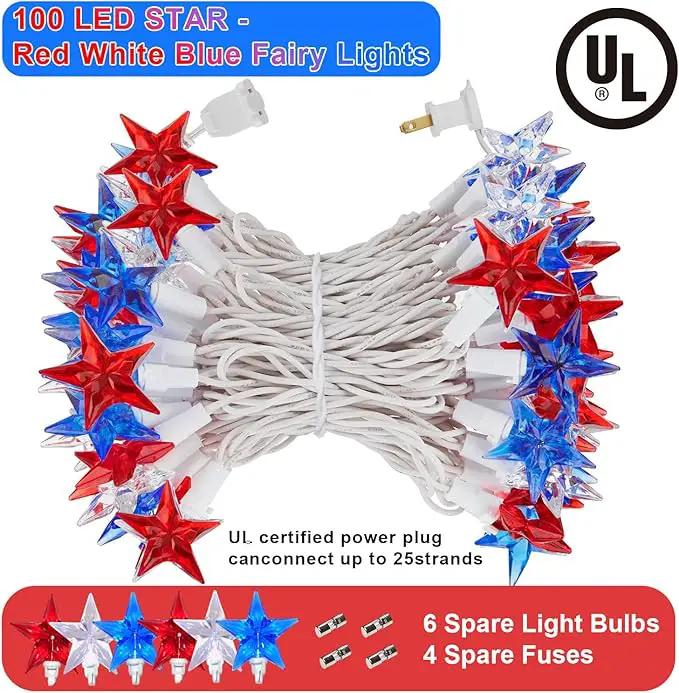 100 LED Red White and Blue Star Lights, 37FT 4th of July Star String Lights Plug in for Home Patio Garden Yard Memorial Day Independence Day Patriotic Decorations Outdoor, White Wire by GreenHaven Gardens