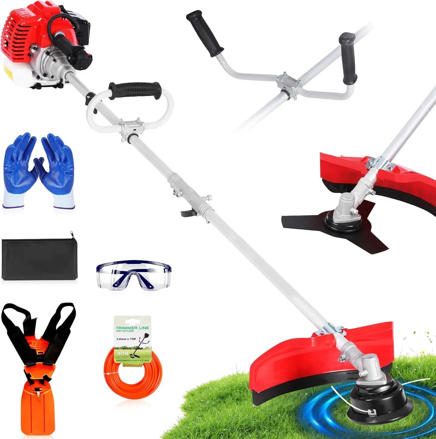 52 cc 2-Cycle Gas Powered Weed Eater, String Trimmer & Brush Cutter 3-in-1, 7,500 RPM Full-Crank, Low-Vibration Quick-Start Recoil, Detachable Shaft, Heavy Duty Weed Wacker (DE631) by GreenHaven Gardens