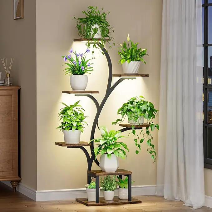 Plant Stand Indoor with Grow Lights, 7 Tiered Indoor Plant Shelf, 49" Corner Plant Stands for Indoor Plants, Metal Plant Flower Display Shelves, Tree-Shaped Plant Rack for Home, Patio, Black by GreenHaven Gardens