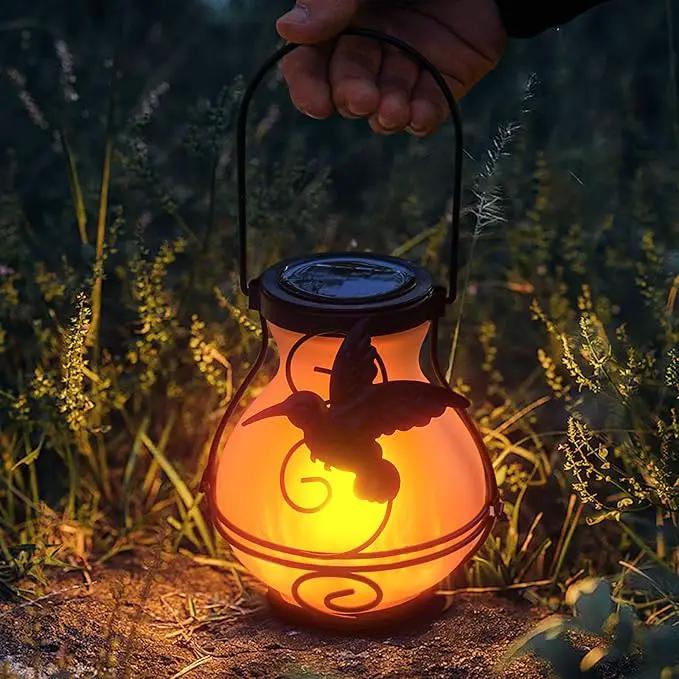 2 Pack Solar Flickering Flame Lights,Outdoor Upgraded Metal Lantern for Hanging Solar Powered Waterproof LED Flame Glass Lanterns for Patio Garden Christmas Halloween Decorations by GreenHaven Gardens