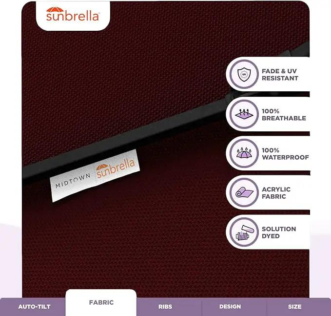 Midtown Umbrellas Sunbrella Umbrella 8 Feet Outdoor Umbrella With Sunbrella Burgundy Acrylic Fabric - Auto-Tilt Aluminum Frame Patio Umbrella For Backyard, Deck, Garden, Pool - Black Pole by GreenHaven Gardens