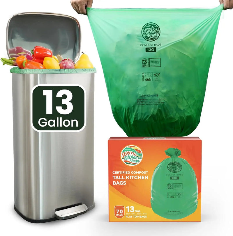 RAYTID 13 + Gallon Compostable Trash Bags,70 Count, Extra Thick 1.1 Mil, Tall Kitchen Food Scrap Waste Bag, ASTM D6400, US BPI and OK Compost HOME Certified by GreenHaven Gardens