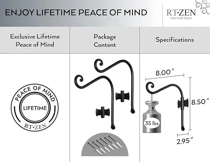 RTZEN Plant Hangers Outdoor or Indoor - Wrought Iron Metal Hanger Indoor Hook - Heavy Duty Wall Bracket Hooks for Hanging Plants Baskets Lanterns Wind Chimes - 2 Pack (Black Axe-Shape Hooks) by GreenHaven Gardens