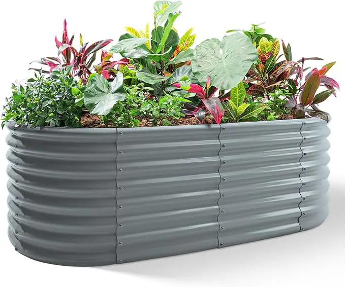 Land Guard 24“ Tall 4×2ft Galvanized Raised Garden Bed Kit, Galvanized Planter Garden Boxes Outdoor, Oval Large Metal Raised Garden Bed for Vegetables(Modern Gray, 4×2×2ft) by GreenHaven Gardens