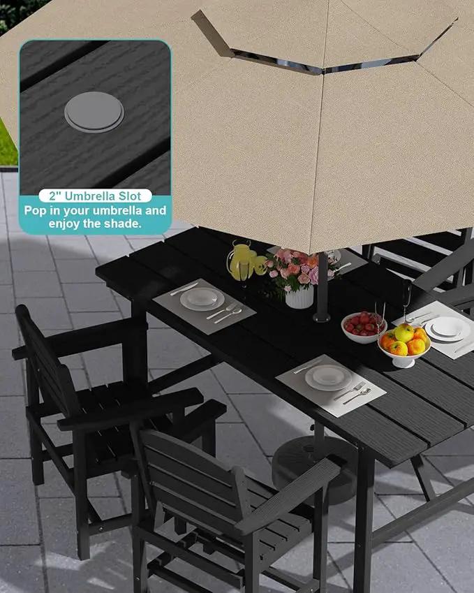 Patio Dining Set for 4 with Umbrella Hole - 66" Outdoor Table & 4 Chairs, All-Weather HDPE Outdoor Furniture for Lawn, Garden, Backyard, Poolside, Black by GreenHaven Gardens