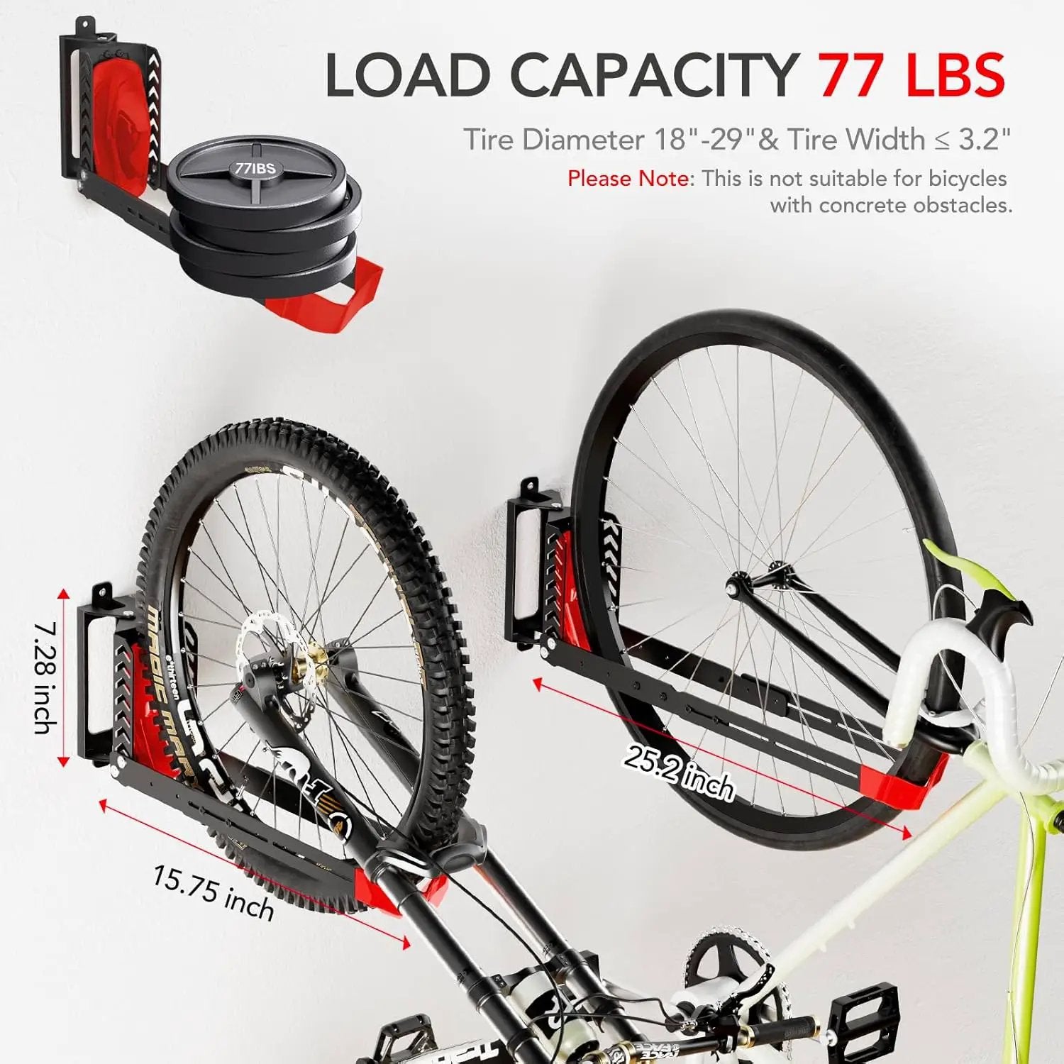 3-Pack Swivel Bike Rack Wall Mount, Bike Hangers for Garage, Space-Saving Vertical Bike Holder, Holds up to 77 lbs, Bicycle Wall Hanger Storage, No Heavy Lifting Required Indoor Hanging Bike Rack-Red by GreenHaven Gardens