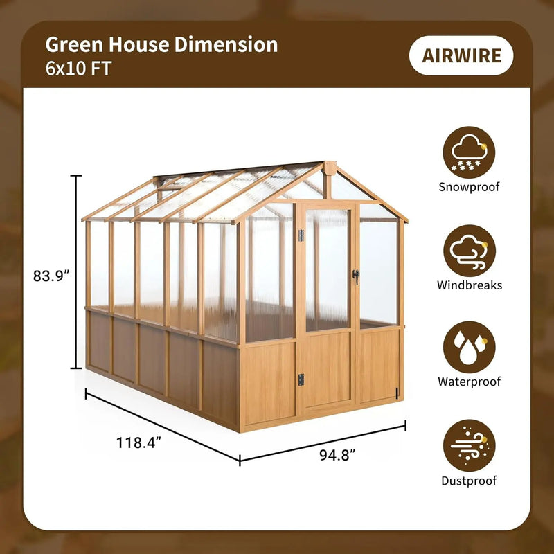 Wooden Greenhouse 6x10 FT, Walk-in Greenhouse for Outdoors with 6MM Thick Polycarbonate Panel and Adjustable Roof Vents, Garden Backyard, Wood Colour by GreenHaven Gardens