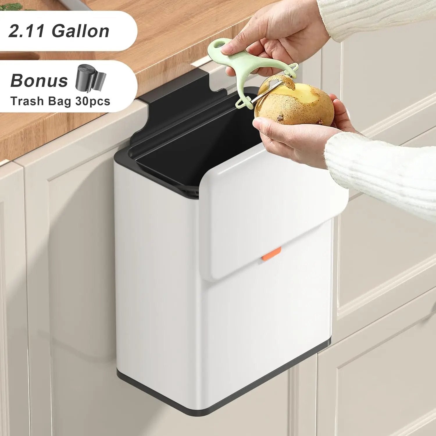 Mbillion Kitchen Compost Bin Hanging Trash Can with Lid 2.1 Gallon Stainless Steel Garbage Can for Kitchen Cabinet Door Mounted Trash Can Under Sink Door RV Bathroom,White by GreenHaven Gardens