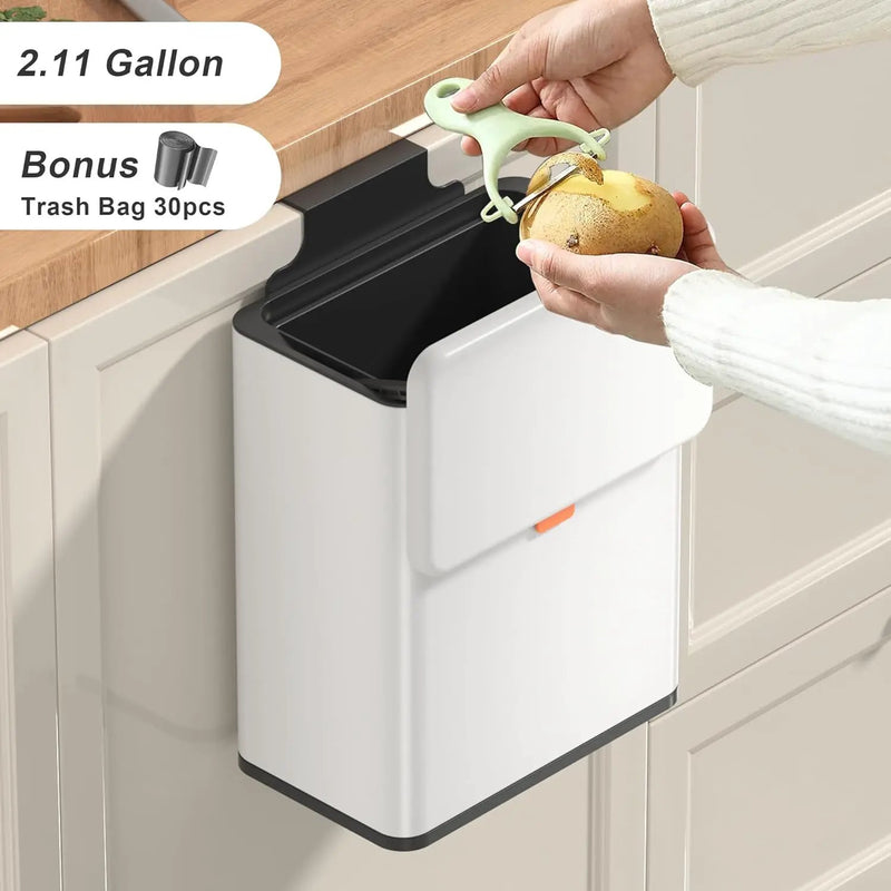 Mbillion Kitchen Compost Bin Hanging Trash Can with Lid 2.1 Gallon Stainless Steel Garbage Can for Kitchen Cabinet Door Mounted Trash Can Under Sink Door RV Bathroom,White by GreenHaven Gardens