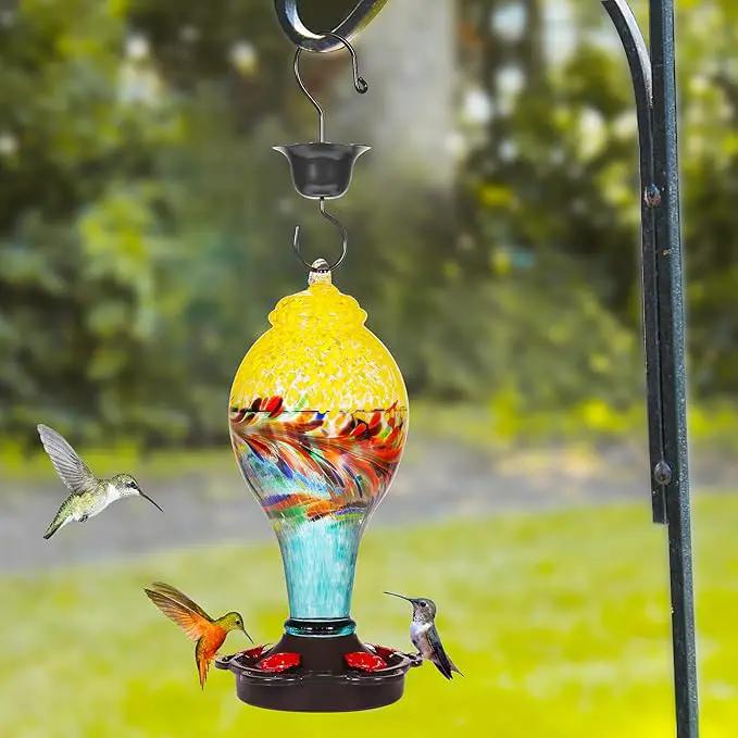 LUJII Hand Blown Glass Hummingbird Feeder for Outdoors with Ant Moat, Leak Proof & Rustproof,36 fl.oz, Metal Base Cover with 5 Feeding Ports & 5 Perches, Glass Art for Garden Decor (Blue Mixed Yellow) by GreenHaven Gardens