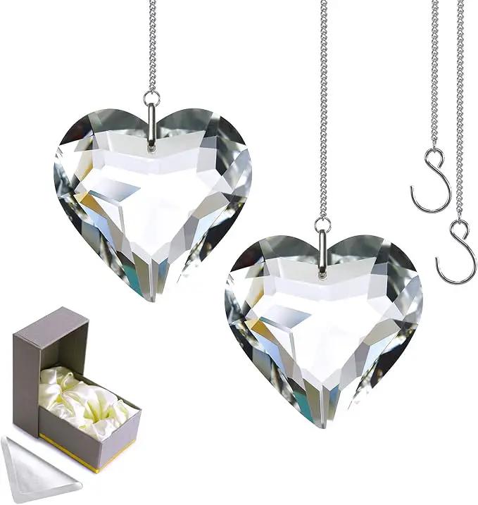 Clear Crystal Suncatcher, 2pc 45mm Heart, Handmade Prism Pendant for Windows, Outdoor Indoor Hanging Ornament, Rainbow Maker Gifts for Mom, Grandma, Friends (2 Hearts, Clear) by GreenHaven Gardens