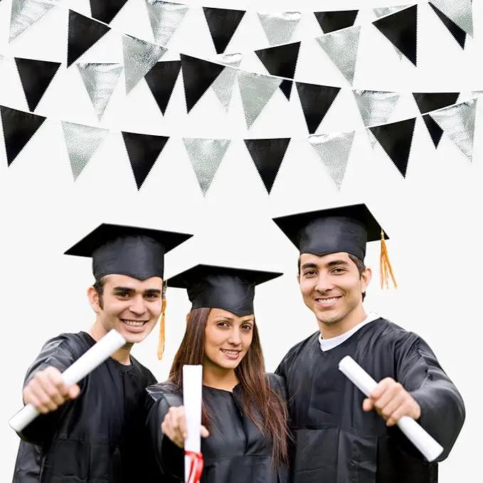 Black and Silver Party Decorations Triangle Pennant Banner Flag Metallic Fabric Bunting Garland for Birthday Graduation Retirement Wedding Bachelorette Bridal Shower Engagement Disco Party Supplies by GreenHaven Gardens
