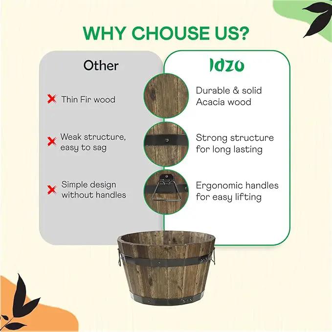 IDZO Set of 3 Wooden Flower Planters for Outdoor Plants, Acacia Wood Barrel Planters, Ergonomic Handles, Drainage Holes, Various Sizes, Walnut by GreenHaven Gardens
