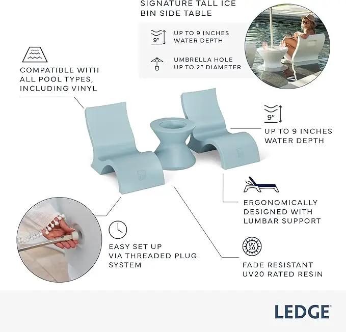 Ledge Lounger Signature Lowback Chair Set - Two Chairs - Ice Bin Side Table - in-Pool - On-Deck - Water Depths 0-9” - All Types - Resin Water Chairs - Pool, Sundeck, Outdoor Patio by GreenHaven Gardens