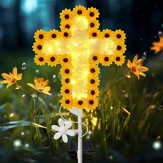 YJFWAL 2 Pack Solar Daisy Cross Garden Stake Lights, Yard Solar Lights Cemetery Decorations for Grave Outdoor Light Jesus Cross Sympathy Memorial Gifts for Grandmother, for Garden Yard Lawn Pathway by GreenHaven Gardens
