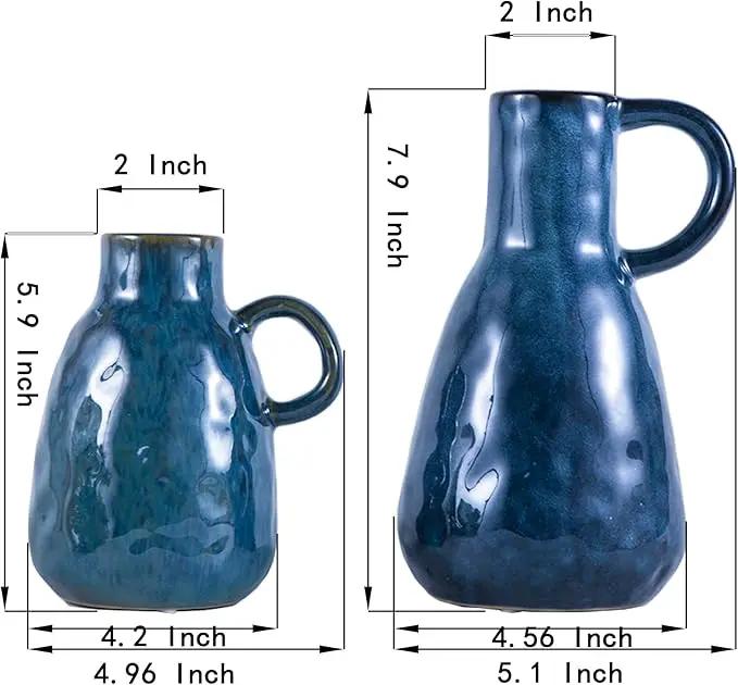 Ceramic Vase Set of 2, Blue Glazed Small Pottery Vases with Handles, Decorative Clay Vase Modern Farmhouse Decor, Centerpiece Dining Table Decorations Porcelain by GreenHaven Gardens