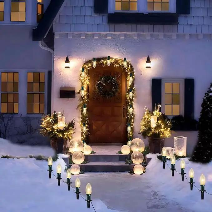 38Ft Christmas Pathway String Lights Outdoor with C9 25 Clear Christmas Pathway Marker Stakes Lights, Extendable C9 Outdoor Walkway Lights for Outside Xmas Party Holiday Backyard Commercial Decor by GreenHaven Gardens