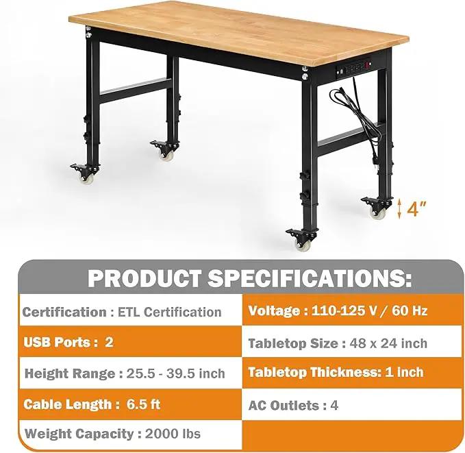 48" Adjustable Workbench for Garage, Rubber Wood Heavy Duty Workstation with Power Outlets & Wheels, 2000 LBS Load Capacity Hardwood Worktable for Workshop, Garage, Office, Home, Commercial by GreenHaven Gardens
