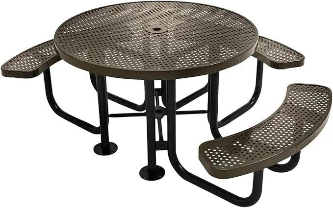 Heavy-Duty Portable Outdoor Picnic Table with Umbrella Hole, Punched Steel Patio Dining Furniture Made in America (46" Round Top, Textured Gold Vein) by GreenHaven Gardens