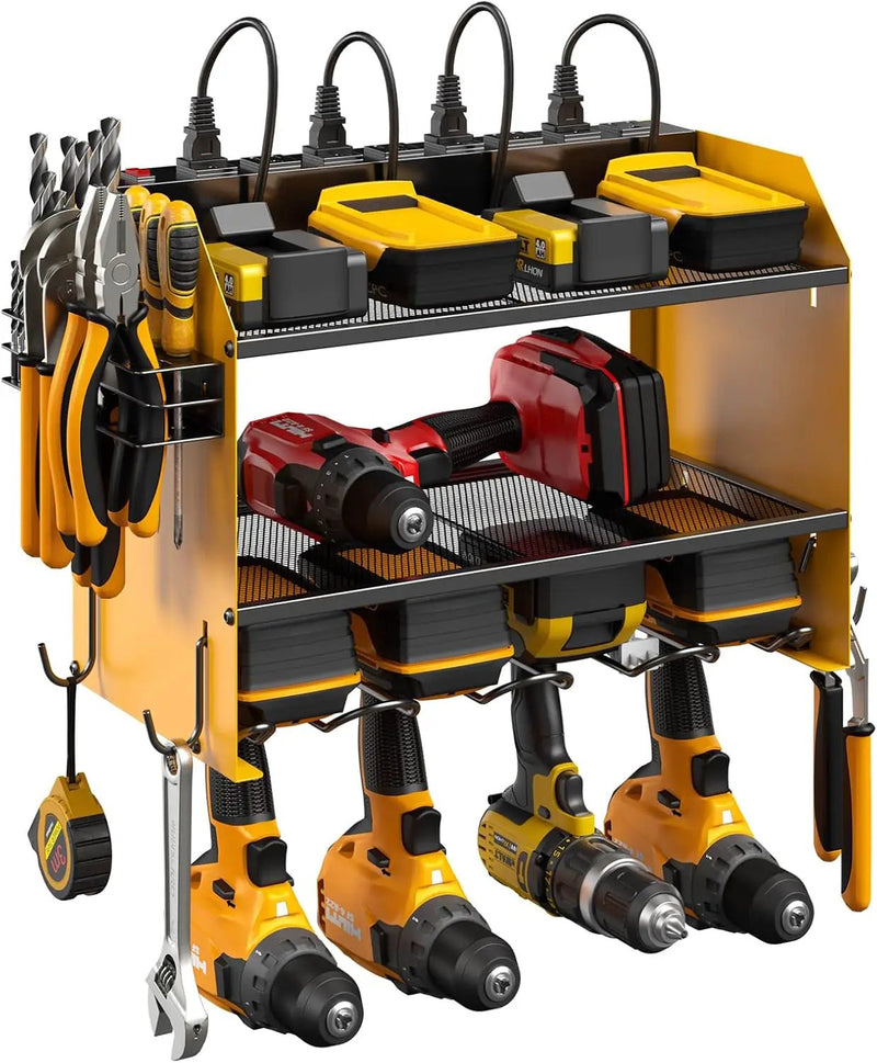 CCCEI Set Power Tool Organizer Wall Mount with Charging Station. Garage 4 Drill Storage Shelf with Hooks, Heavy Duty Metal Tool Battery Charger Organizer. Shop Utility Rack with Power Strip Yellow. by GreenHaven Gardens