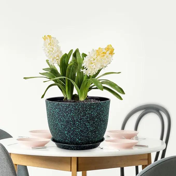 12 inch Large Plant Pots, Plastic Planters with Drainage Holes and Saucers, Flower Pots for Indoor Outdoor Plants, Decorative Pots for Garden House Plants, Black with Green Speckles by GreenHaven Gardens