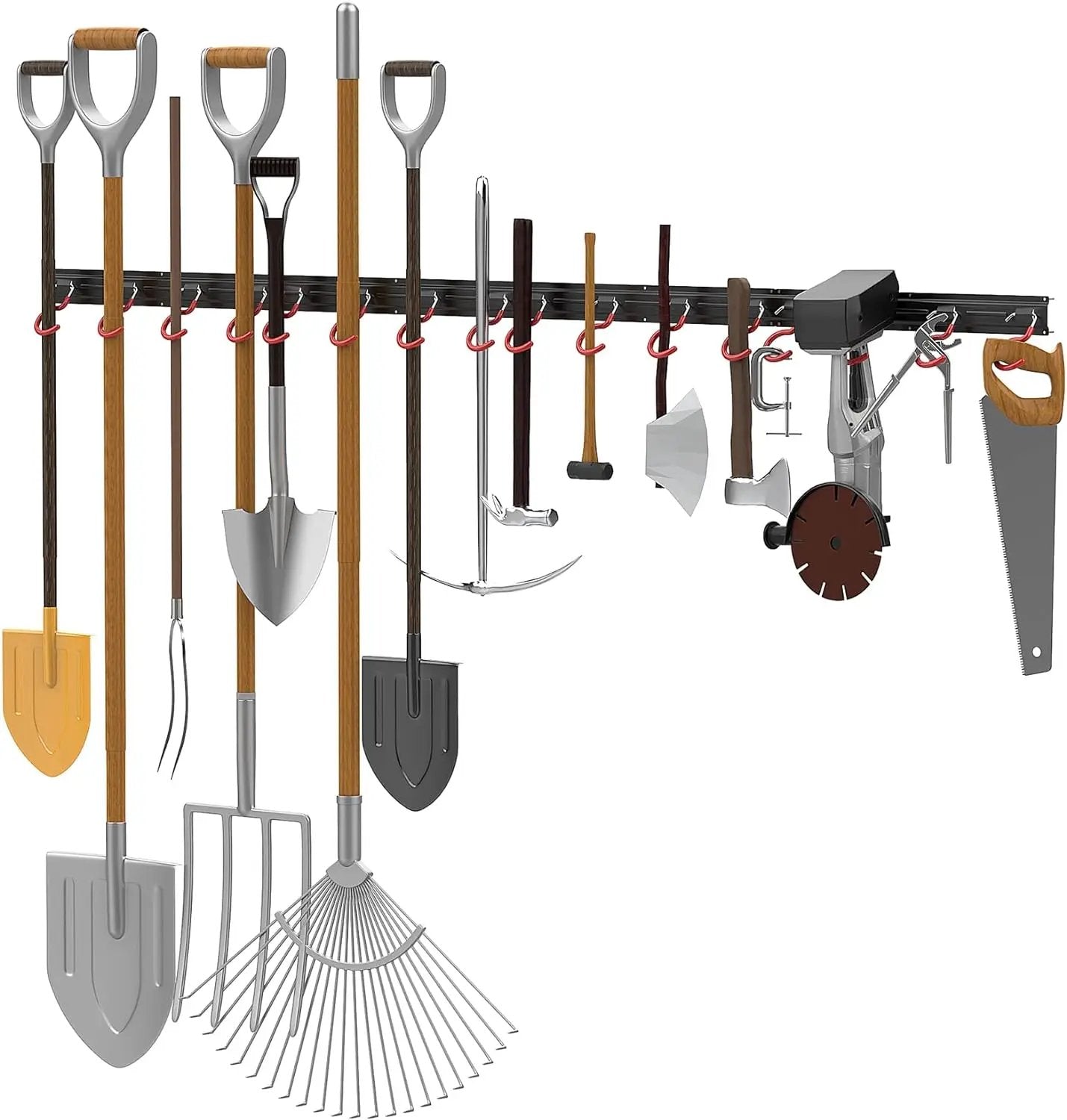 WALMANN All Metal 64 Inch Wall Mount Garden Tool Organizer for Garage, Mop and Broom Holder, Yard Tool Storage Rack for Rake, Shovel, Spade, Mop, Broom(4 Rails, 16 Hooks) by GreenHaven Gardens