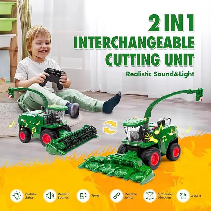 Remote Control Combine Harvester Tractor Toy, 1/24 Scale RC Harvester Toys for Kids with 2 Grian Heads/2 Rechargeable Batteries/Light, Farm Toys for 4 5 6 7 8 9 Year Old Boys Birthday Gift by GreenHaven Gardens