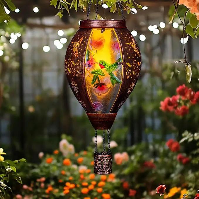 Hummingbird Hot Air Balloon Solar Lantern, Metal & Glass Flickering Flame Light Solar Lantern, Hanging Waterproof Solar Lanterns Outdoor for Garden Patio Tree Decoration by GreenHaven Gardens