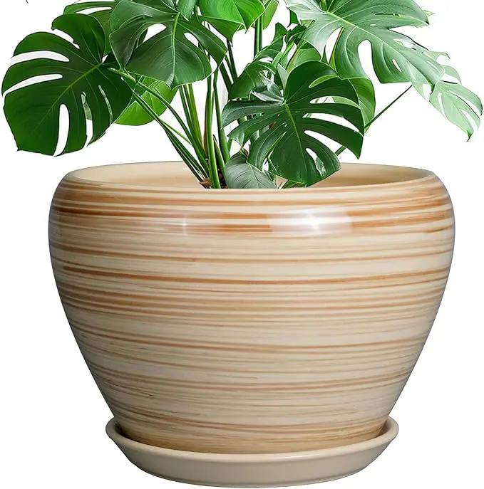 Ceramic Pot for Plant 10 Inch - Planter for Outdoor Plants Indoor Plant Pot with Drainage Hole Large Planter Round Flower Pot for House Patio Garden Yellow by GreenHaven Gardens