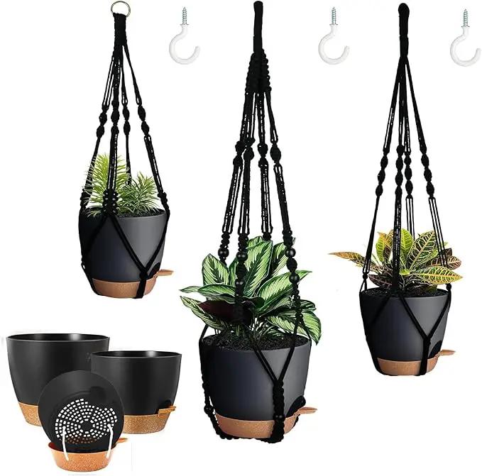3 Pack Self Watering Hanging Planters Macrame Plant Hangers with Indoor Flower Pots, 3 Different Size Hanging Basket, Plant Hanger with Hooks for Garden Home Decor Black by GreenHaven Gardens