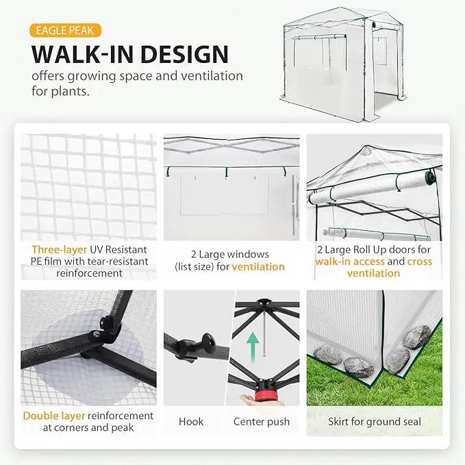 EAGLE PEAK 8x6 Portable Walk-in Greenhouse, Pop-up Indoor Outdoor Garden Green House, Zippered Doors and Windows, PE Cover, White by GreenHaven Gardens