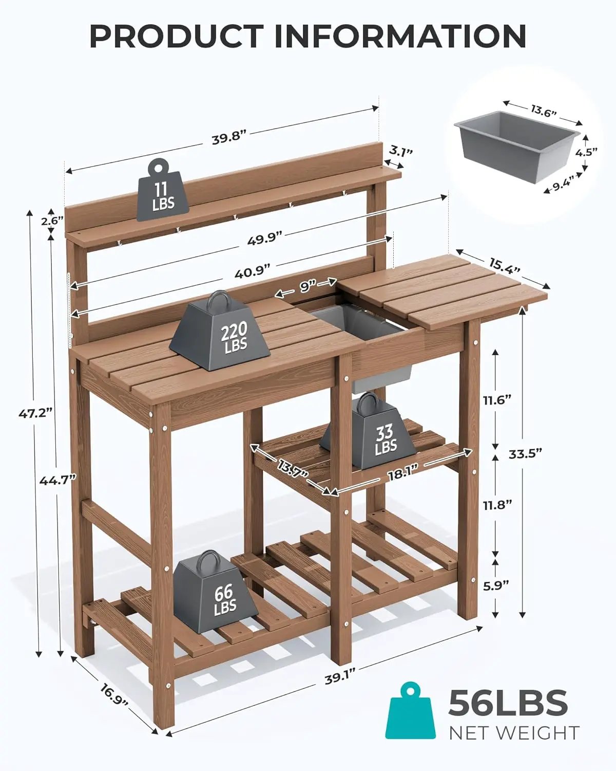 SERWALL Potting Bench Outdoor Potting Table with Sink, HDPE Potting Benches for Outside Gardening Table All Weather Use- Brown by GreenHaven Gardens