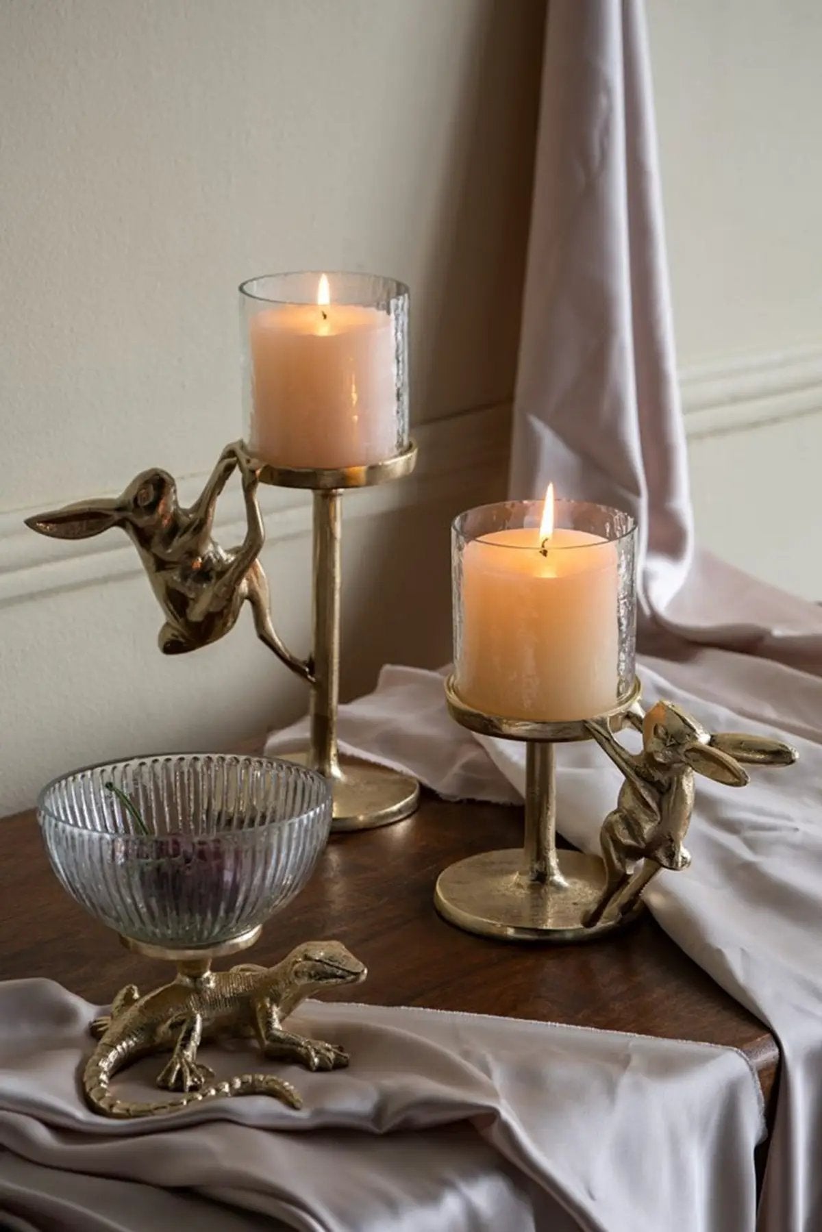 Set of 2 Gold Rabbit Pillar Candle Holders with Clear Glass Hurricane Shade by HouseOfZazla