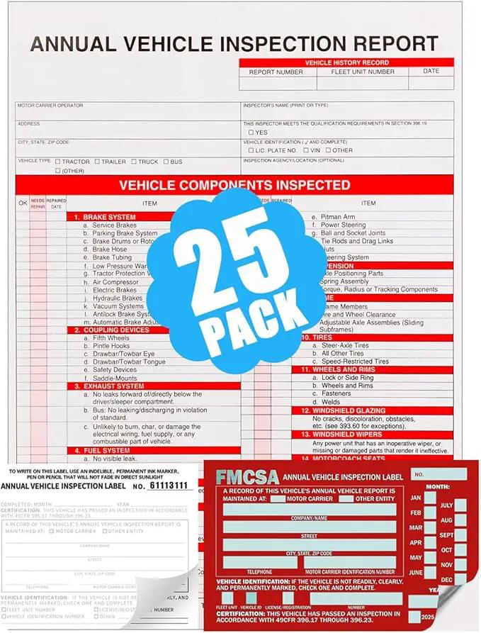 25 Pack 3-Ply Carbonless Annual Vehicle Inspection Report Form with White Interior Inspection Label and Red Exterior Aluminum Inspection Label by GreenHaven Gardens