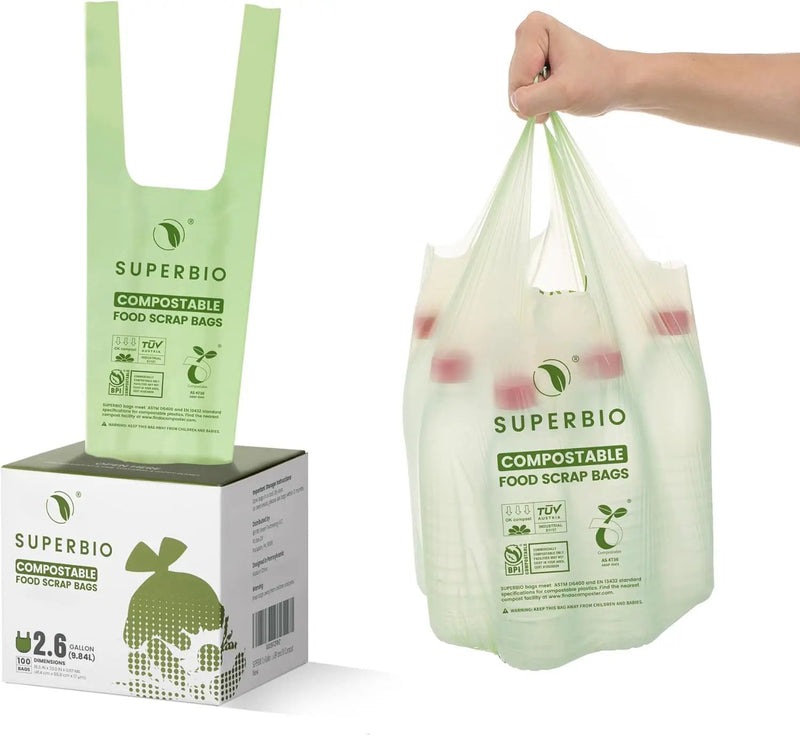 SUPERBIO 2.6 Gallon Compostable Bags with Handles, 100 Count,1 Pack, Food Scrap Bags Certified by BPI and OK compost INDUSTRIAL, 9.84L by GreenHaven Gardens