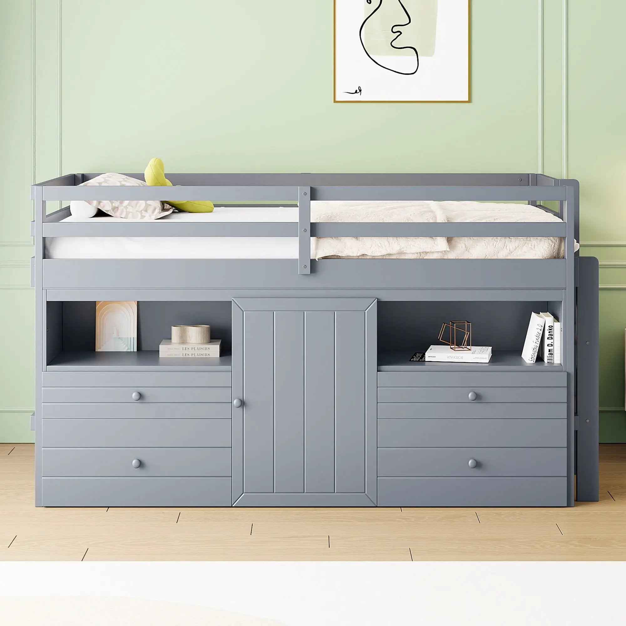 Loft Bed With 4 Drawers, Underneath Cabinet And Shelves