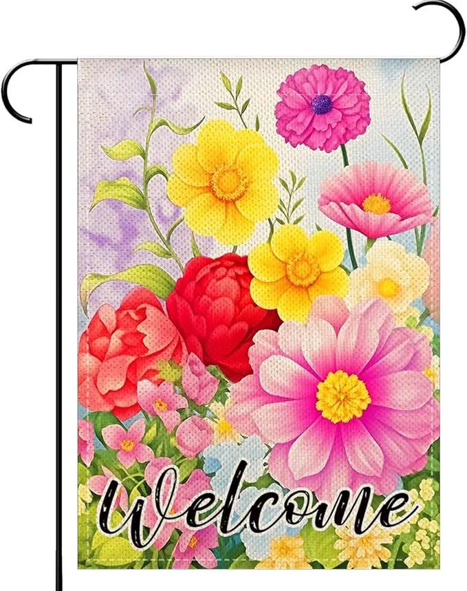 Welcome Spring Floral Garden Flags 12x18 Inch double sided,Seasonal Flowers Yard Holiday Outdoor Burlap Garden Farmhouse Decor