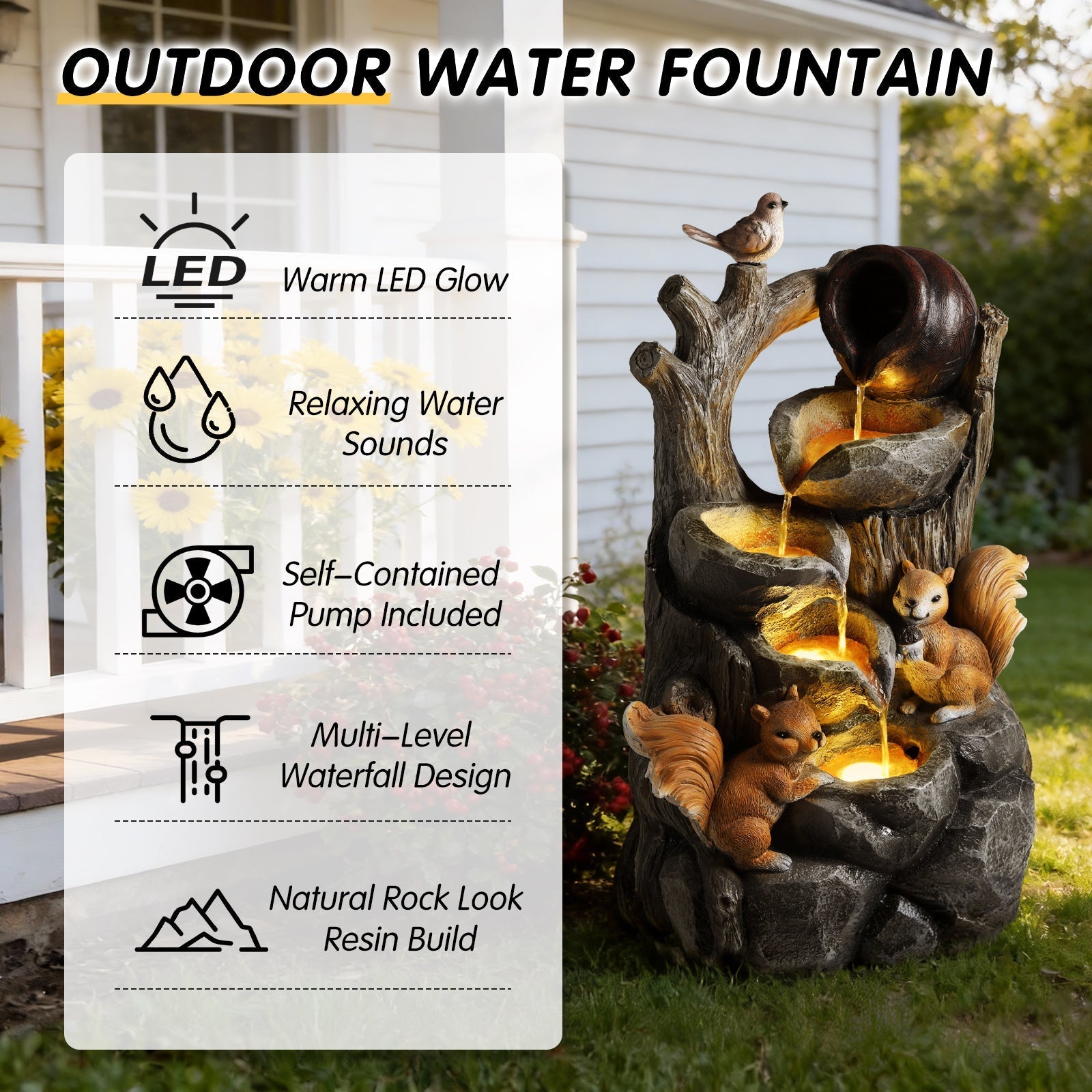 Squirrel Outdoor Water Fountain with Lights by HouseOfZazla