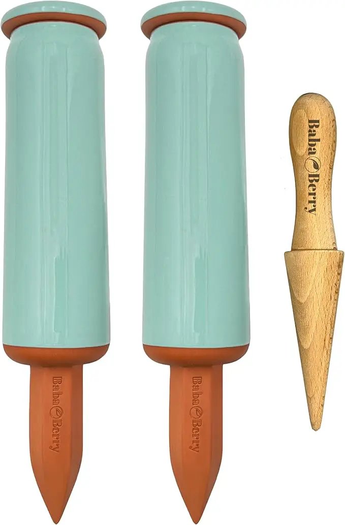 Terracotta Watering Spikes 2 Pack 17.5oz Capacity Plant Watering Devices Self Watering Spikes Large Plant Watering Globes Self Watering Planter Insert AcquaTerra with Root Dibber Installer by GreenHaven Gardens