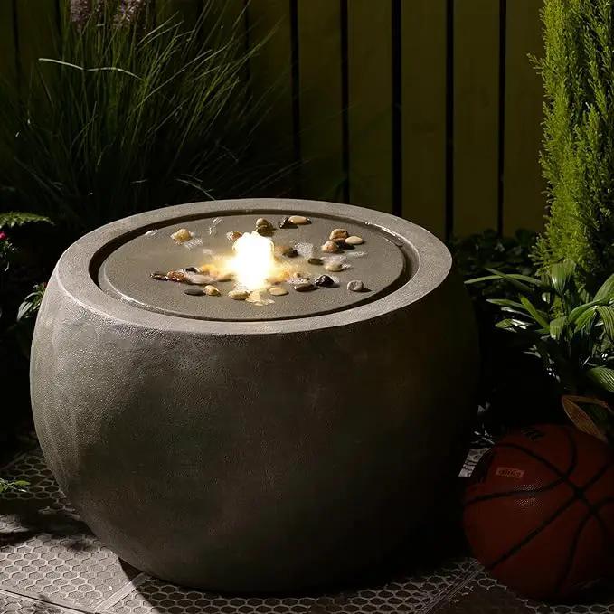 Garden Water Fountain Outdoor Large Round Bubbler Water Feature Indoor with Lights & Pump and Pebbles Concrete Effect for Patio Pool Pond Yard Home Decor Gray, 25 "L X 25" W X 17.5" H by GreenHaven Gardens