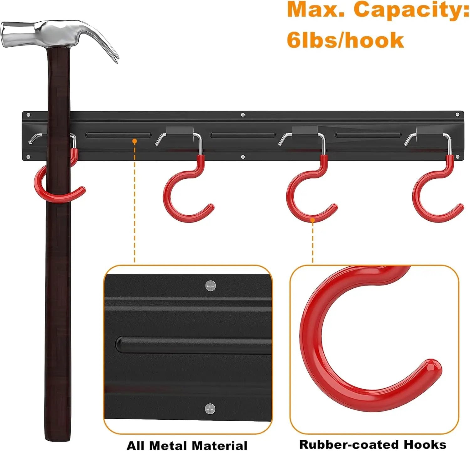 WALMANN All Metal 64 Inch Wall Mount Garden Tool Organizer for Garage, Mop and Broom Holder, Yard Tool Storage Rack for Rake, Shovel, Spade, Mop, Broom(4 Rails, 16 Hooks) by GreenHaven Gardens