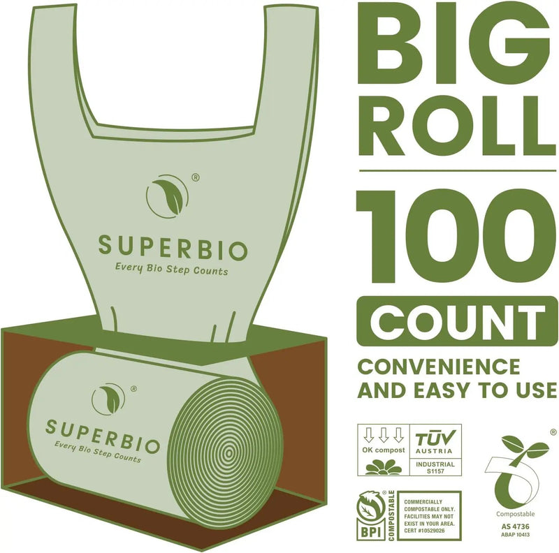 SUPERBIO 2.6 Gallon Compostable Bags, 100 Count, 2 Pack, 9.84L, Handle Tie Food Waste Bags, BPI and OK compost INDUSTRIAL Certified by GreenHaven Gardens