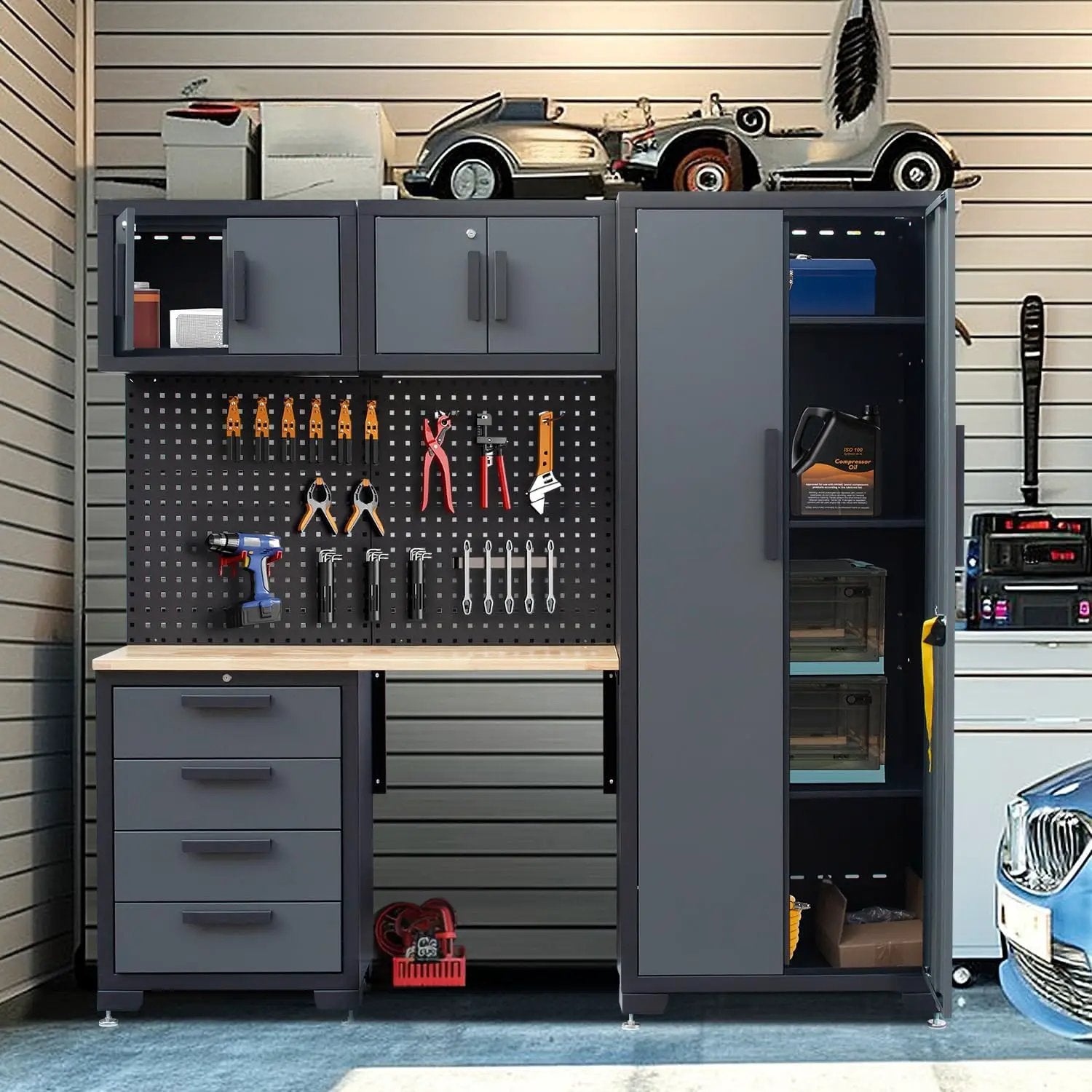 7-Pcs Garage Storage Cabinet System - Workshop Set With Steel Drawers, Workbench, Pegboard for Tool Organization by GreenHaven Gardens